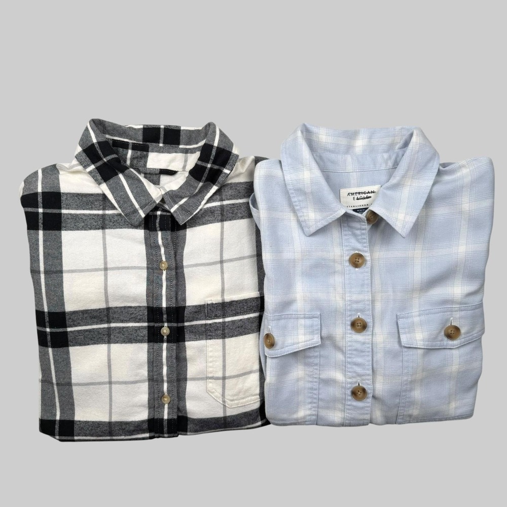 American Eagle Shirt Bundle M‎ Plaid Flannel Long Sleeve Button Up Blue/Black